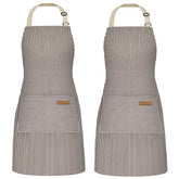 NLUS brown pinstripe apron front view showing roomy pockets for tools and phone