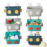 Noamus 6-pack bath toy storage basket, front view with colorful robot designs