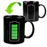Nofinis heat-changing mug with a black ceramic finish reveals a charging battery pattern when hot.