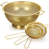 Norme gold 4-quart colander front view for pasta draining and rinsing vegetables