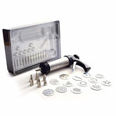 Norpro 3299 stainless cookie press shown in use for decorative cookies.