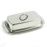 Norpro stainless steel butter dish, top view showing elegant table-ready storage.