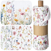 Noveread wildflowers dish towels rolled on a paperboard tube for neat storage.