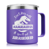 NOWWISH Mamasaurus mug 14oz with lid keeps hot coffee ready.