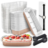 NPLUX 50-pack mini cake pans with lids and spoons, ideal for portioned desserts.