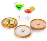 Nucookery 3-tier wood rimmer with separate salt, sugar, and lime juice compartments.