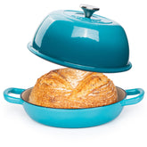 Nuovva enamelled cast iron Dutch oven blue, lid on, even heat for crusty bread.