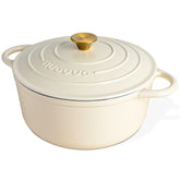 Nuovva enamelled cast iron Dutch oven cream with lid on for even heat distribution