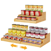 NuoyuanShen expandable bamboo can rack fully extended for wide pantry spaces.