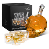 Oak & Steel 25oz skull decanter on a stylish bar display.