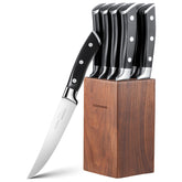 OAKSWARE steak knives set in walnut block for organized, ready-to-use storage.
