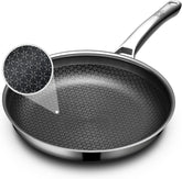 OATOFP 12-inch non-stick frying pan showing smooth release and sleek stainless steel body.