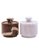 OceanicX marble salt cellar with lid open, showcasing premium veining for stylish seasoning