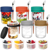 OcePor 6-pack overnight oats jar with colorful lids and spoons for easy meal prep.