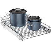 OCG pull-out cabinet organizer with sliding basket for easy access to cookware.