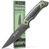 ODERFUN 5.5-inch knife blade close-up shows German steel for effortless tomato slicing.