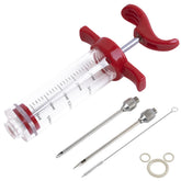 Ofargo plastic marinade injector syringe with red barrel for precise meat seasoning.