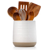 Officepal white ceramic utensil holder on kitchen counter keeps utensils within reach.