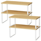 OGEMXU cabinet shelf organizer on counter showing the 15.7-inch length for extra storage
