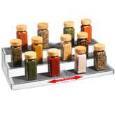 Oizeir expandable spice organizer rack front view with three clear tiers for easy access