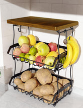 OKZEST 3-tier fruit basket with banana hangers on wood top, countertop display