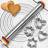Olforce rolling pin with rings for even dough thickness.
