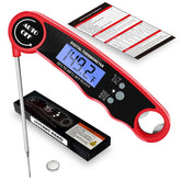 Olwaiy meat thermometer in-use on a grill for quick, precise temps.