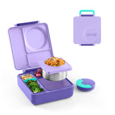 OmieBox kids bento in purple plum, front view with three compartments for diverse meals