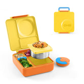 OmieBox Sunshine open lid shows organized compartments for kid-friendly lunches.
