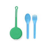 OmieBox mint-green case with fork and spoon for school lunches.