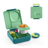 OmieBox Meadow lunchbox front view showing three compartments for mixed meals