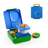 OmieBox Monster Blue lunchbox with three compartments for kids' meals.