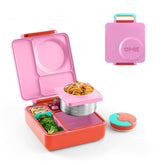 OmieBox Pink Berry with lid open shows organized lunch compartments