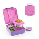 OmieBox Unicorn Pink lunchbox with lid open and three compartments for hot and cold foods.