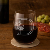 On The Rox Drinks monogram stemless wine glass engraving for personalized celebrations.
