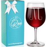 On The Rox Drinks monogram wine glass with A-Z engraving for a personalized gift