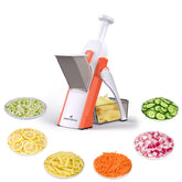 ONCE FOR ALL orange mandoline slicer angled view showing safe handling and quick prep