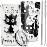 ONECES Everything is Fine cat tumbler front view, stylish insulated mug for cat lovers.