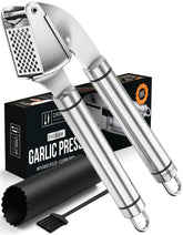 Orblue garlic press in stainless steel with ergonomic handles for easy mincing.