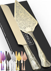 Orblue wedding cake knife close-up engraving highlights lasting elegance for cake cutting