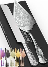 Orblue wedding cake knife closeup showing engraved filigree and a glossy finish.