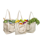 Organic Cotton Mart canvas bag with bottle sleeves protects glass bottles during shopping.