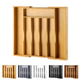 Oridom expandable bamboo drawer organizer cutlery slot for easy access to forks knives and spoons.
