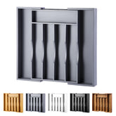 Oridom expandable bamboo drawer organizer in grey, extended width for versatile cutlery storage