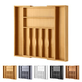 Oridom large bamboo silverware organizer expandable drawer keeps utensils neatly organized.