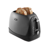 Oster 2 Slice Toaster front view with metallic grey finish for quick, even browning.