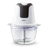 Oster 3-Cup mini chopper with glass bowl for smooth chopping and easy cleanup.