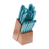 Oster Evansville chef knife with turquoise handle for precise slicing.