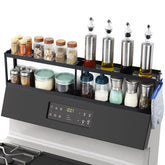 OTraki two-tier magnetic stove shelf shows secure placement on a flat-top cooker for easy access