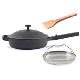 Our Place Always Pan 2.0 ceramic nonstick pan in action on stovetop, easy cleanup.